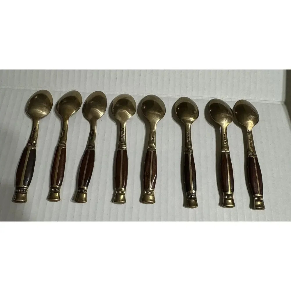 Vintage Brass And Wood Demitasse Coffee Spoon Thailand‎ Lot Of 8